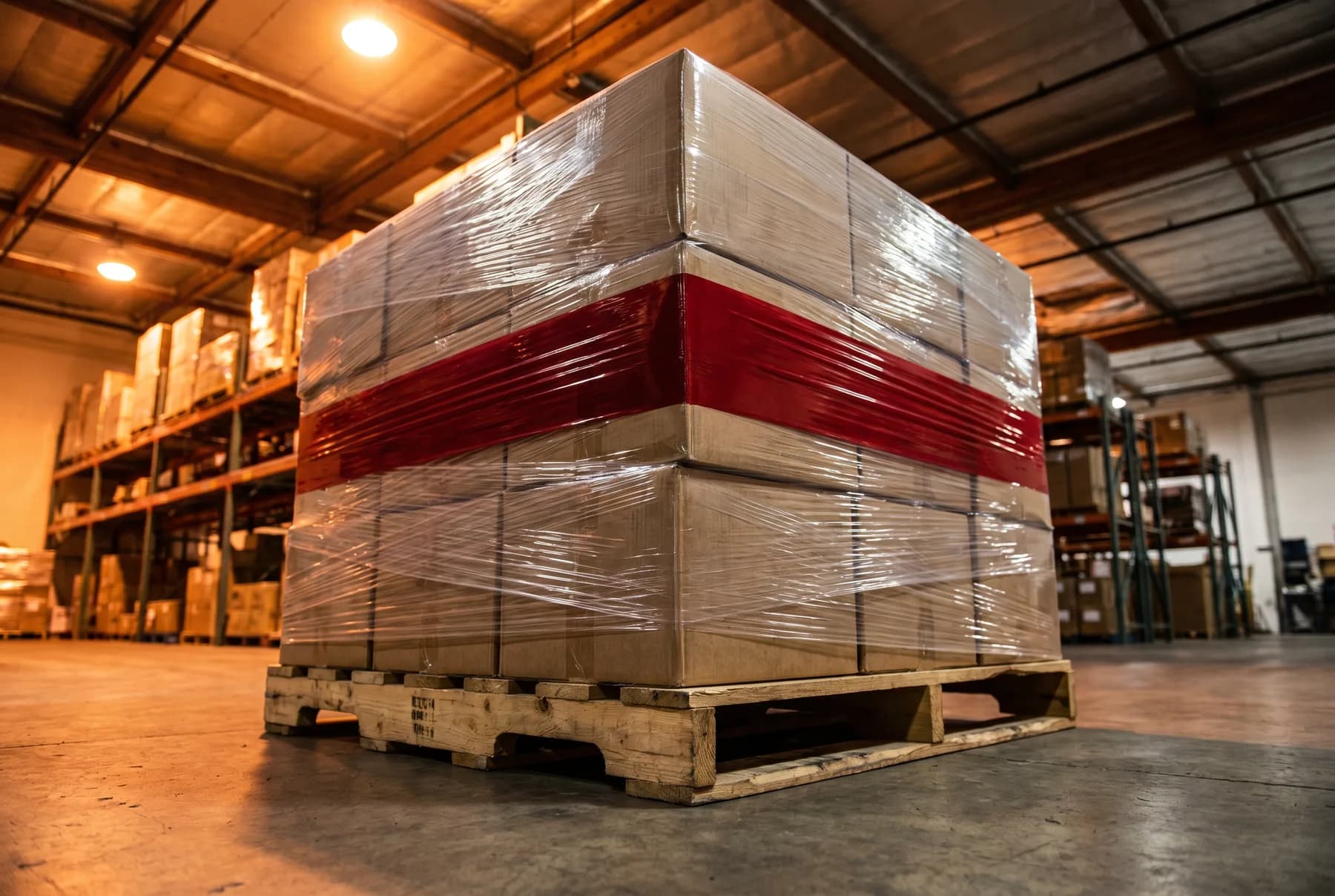 Wrapped pallet of awarded line items ready for shipping in a warehouse, with scarlet shipment tape band visible