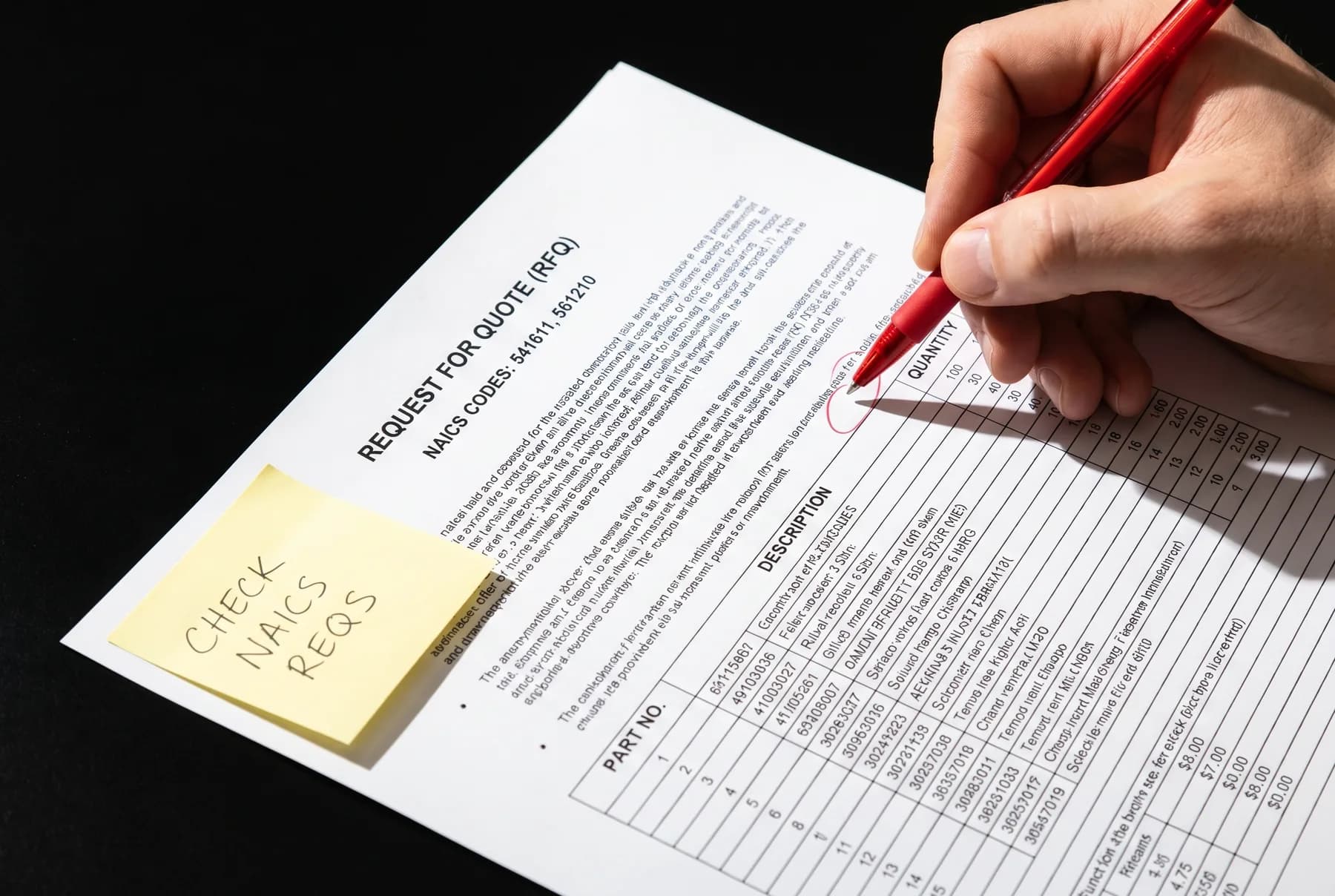 Operator hand annotating a Request for Quote form with a red pen, with a yellow post-it that reads CHECK NAICS REQS