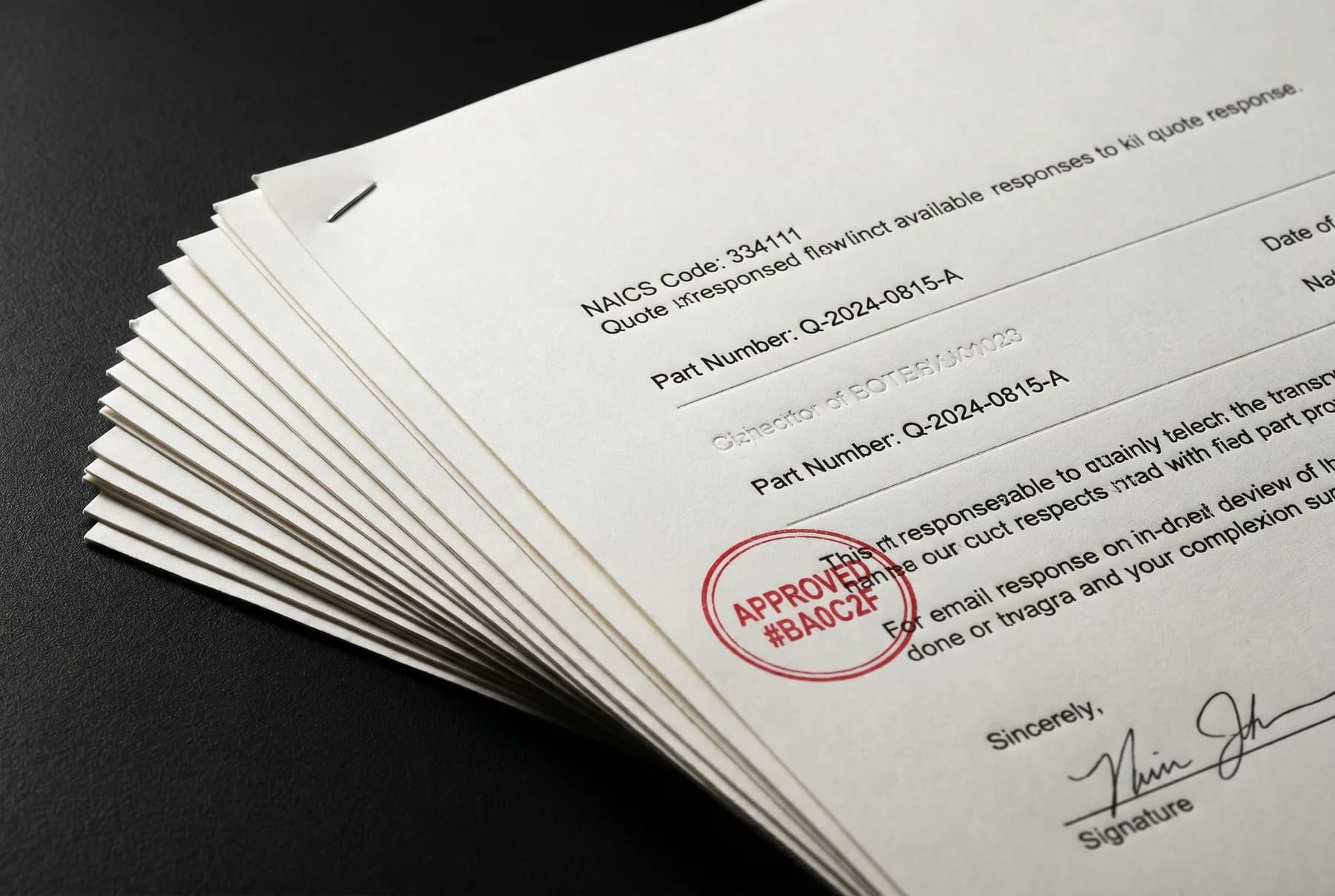 Stack of signed and approved quote documents, top page stamped APPROVED in red, FAR-15 line-item structure visible